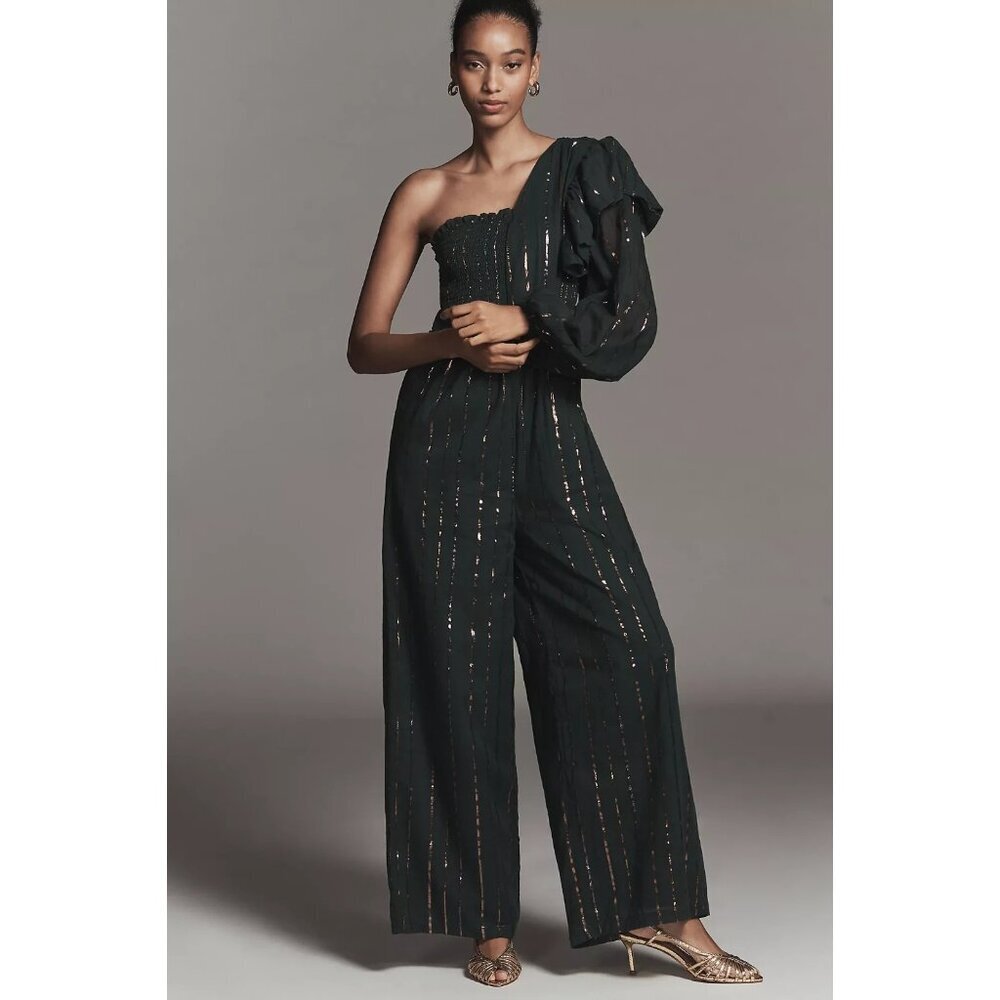 Farm Rio x Anthropologie One-Shoulder Stripe Jumpsuit L